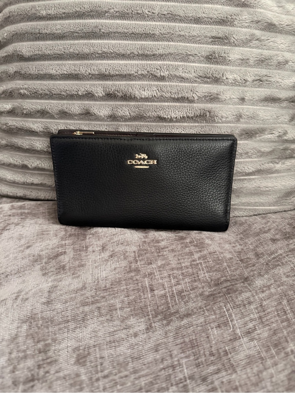 Coach Black Pebbled Leather Zip Wallet with Gold Logo